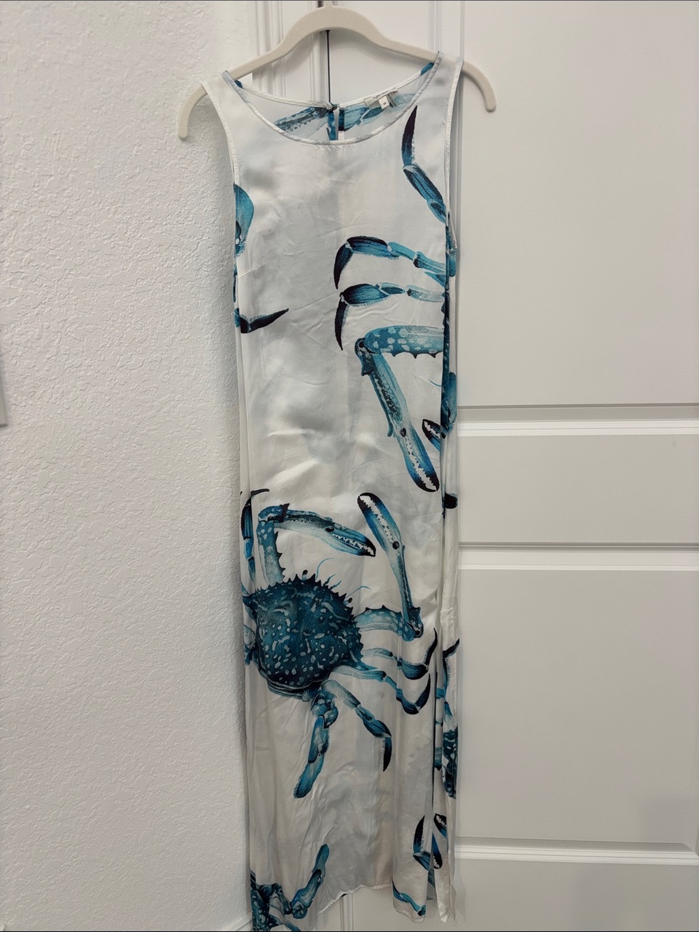Tyler Boe White Dress with Teal and Navy Brushstroke blue crab Print